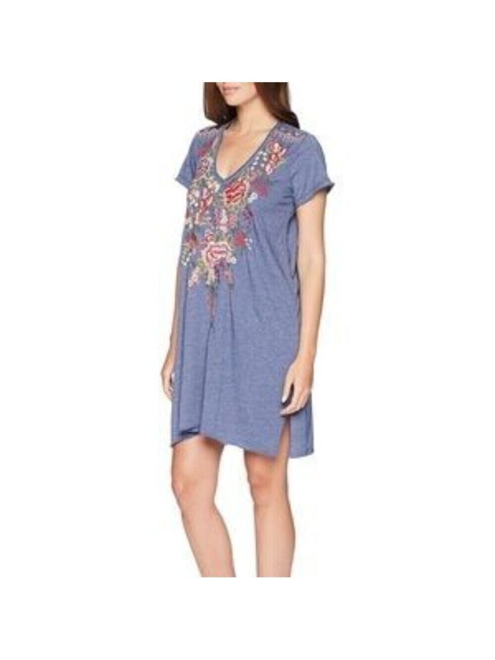 Johnny Was Adeline Mini Dress Blue Embroidered Floral Short Sleeve Tunic Tee PL